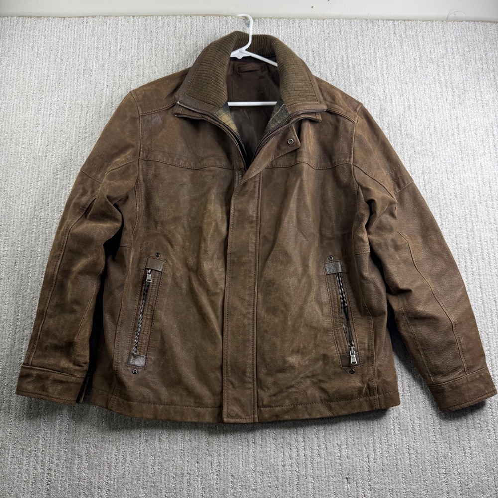 Roundtree & Yorke Brown Suede Leather Jacket Mens Size Large Ribbed Knit Collar